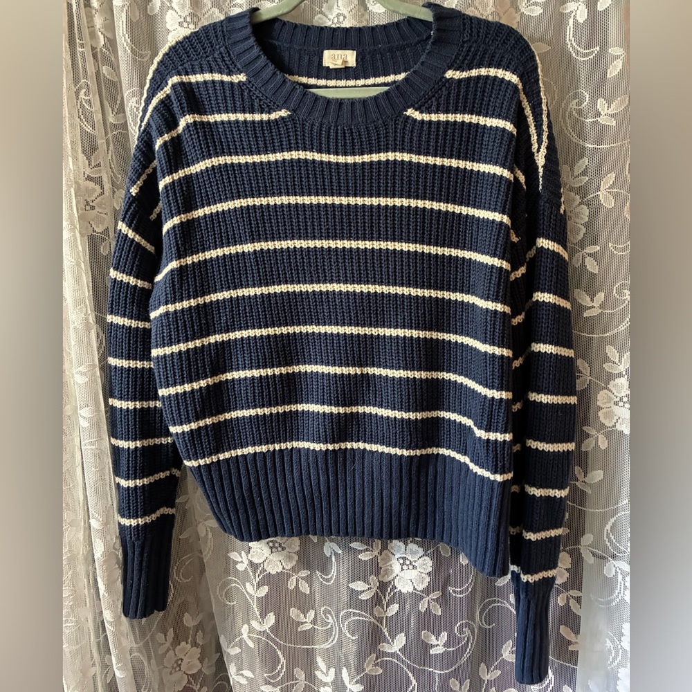 a.n.a Navy and Cream Striped Crew Neck Sweater size large